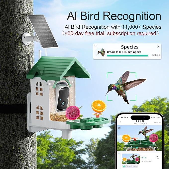 SV3C Bird Feeder with Camera Solar Powered, Smart Camera Bird Feeder with AI Identify BirdSpecies, Instant Alerts, 2K HD Video, Various DIY Addons, 2.4G WiFi, Gift for Mom Dad and Birdlover (Green)
