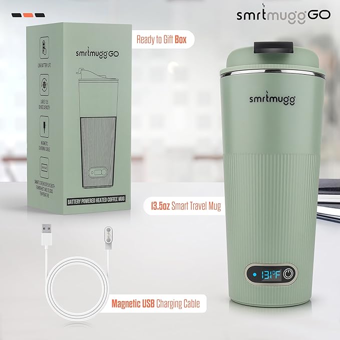 SmrtMugg GO Heated Coffee Mug, Travel Mug, 13.5 OZ. Smart Mug, Battery Powered Heated Coffee Mug, Great for Coffee and Tea, Snap on Magnetic Charging Cord, Adjustable Temperature (Mint Green)