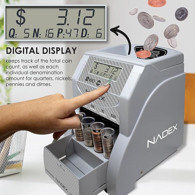 Nadex S180 Digital Coin Sorter and Counter – Displays Total and Denomination Values, Carbon Fiber