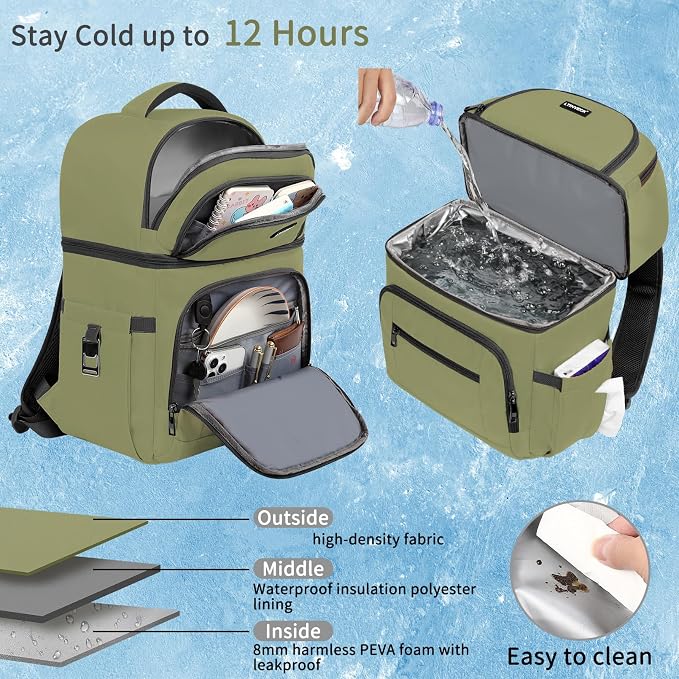 Cooler Backpack,Insulated Backpack Cooler Leakproof Double Deck Cooler Bag for Men Women RFID Lunch Backpack