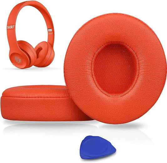 SoloWIT Earpads Cushions Replacement for Beats Solo 2 & Solo 3 Wireless On-Ear Headphones, Solo2 Solo3 Ear Pads with Soft Protein Leather, Added Thickness - Orange