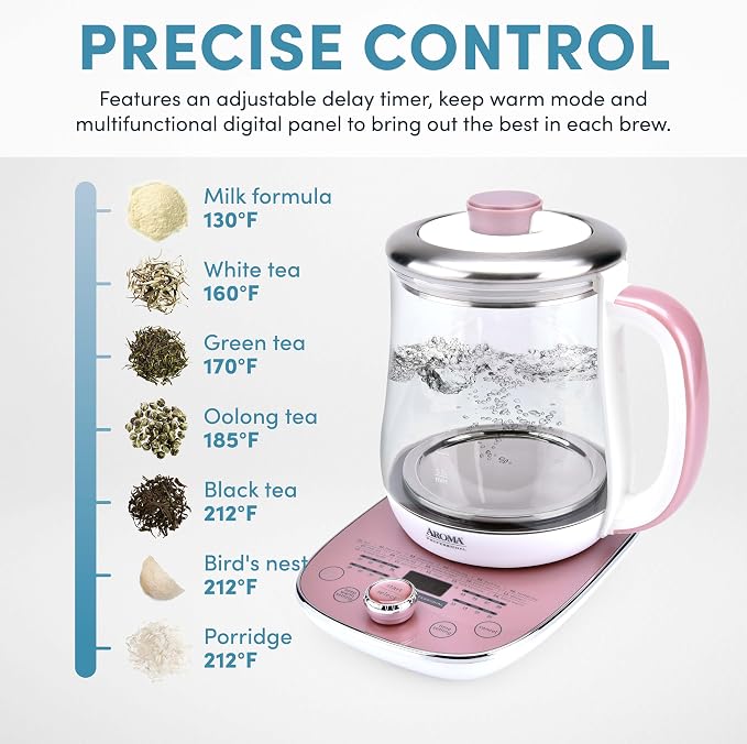 AROMA® Professional 1.5L / 6-Cup Glass Digital Electric Tea Maker, Automatic Keep Warm Mode, 16 Different Heat Setting Options, Spill-Free Pouring Spout (AWK-701)