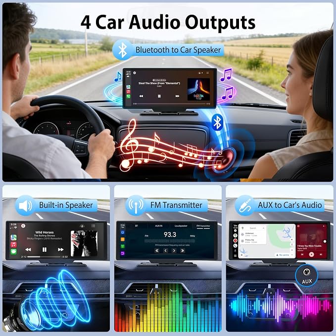 10.26" Portable Wireless CarPlay Screen for Car with 4K Dash Cam, 1080P Backup Camera and 64GB SD Card, Apple Carplay & Android Auto Touch Screen with GPS, Airplay, Mirror Link (ADAS)
