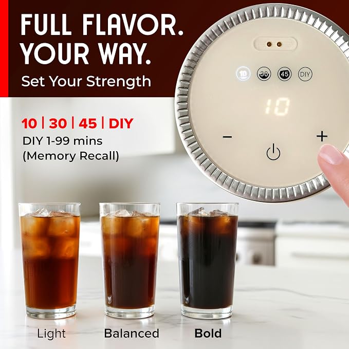 Mueller RapidBrew Cold Brew Coffee Maker – 10 Min Fast Brew Portable Rechargeable Cold Brew Pitcher Machine for Coffee & Tea – Adjustable Strength 10-99 Min – 20 Servings Per Charge, Cappuccino Beige