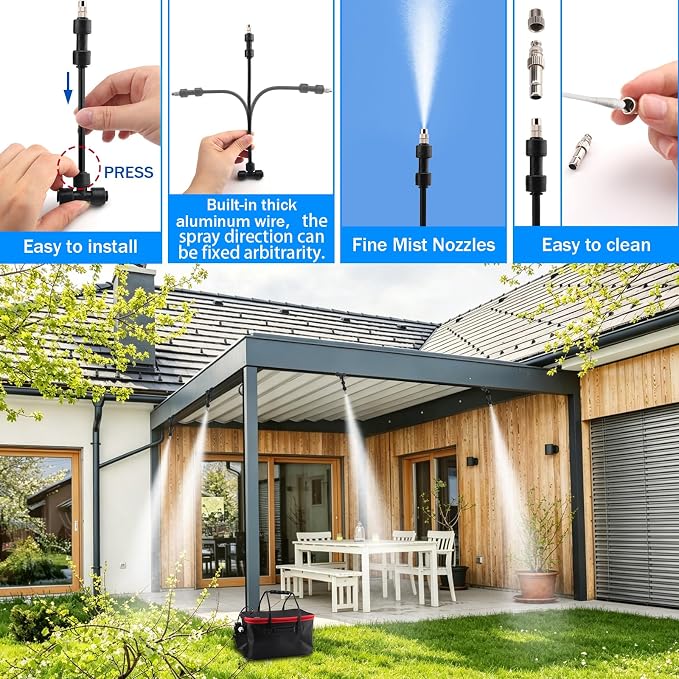 Misting System, Portable Misting System with 20FT/6M Hose, 20L Water Bucket, Water Pump, Filter, Nozzles for Outside Patio Cooling, Canopy, Umbrella, Camping