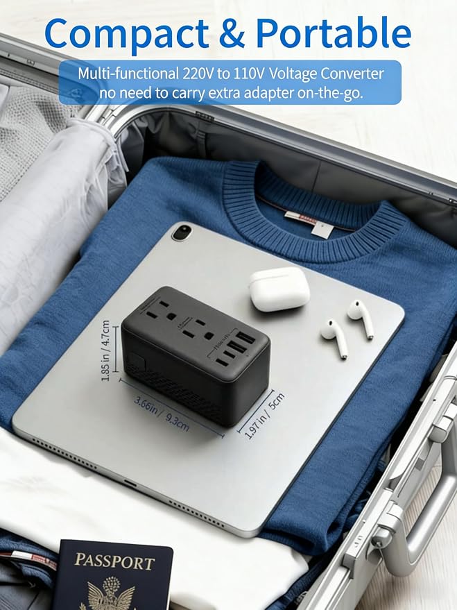 Travel Adapter Voltage Converter US to Europe Power Adapter Step Down Transformer 220V to 110V with 2 USB A 2 USB C & UK/AU/US/EU/﻿South Africa for Hair Dryer (Black)
