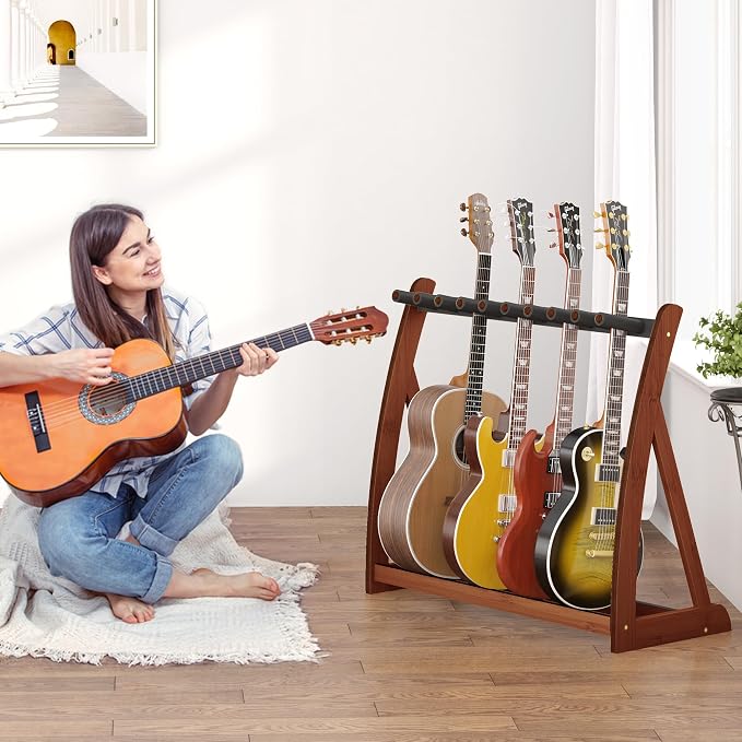 Guitar Stand Rack, Multi-Guitar Display Rack Adjustable Bamboo Guitars Holder Electric Guitar Stands Floor Storage for Bass Acoustic, Home Studio, Band Stage