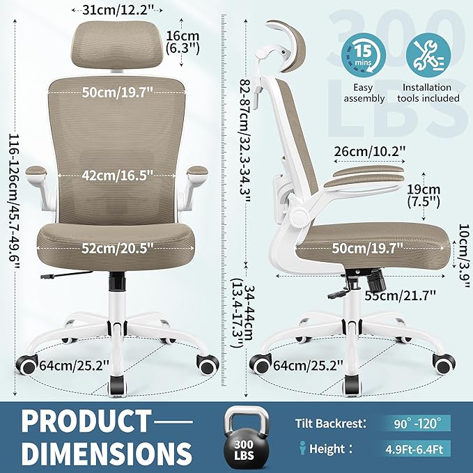 FelixKing Office Chair, Desk Chair with Adjustable Lumbar Support, Ergonomic Computer Chair with High Back and Armrest, Adjustable Height Gaming Chair Home Office Swivel Chair(Khaki)