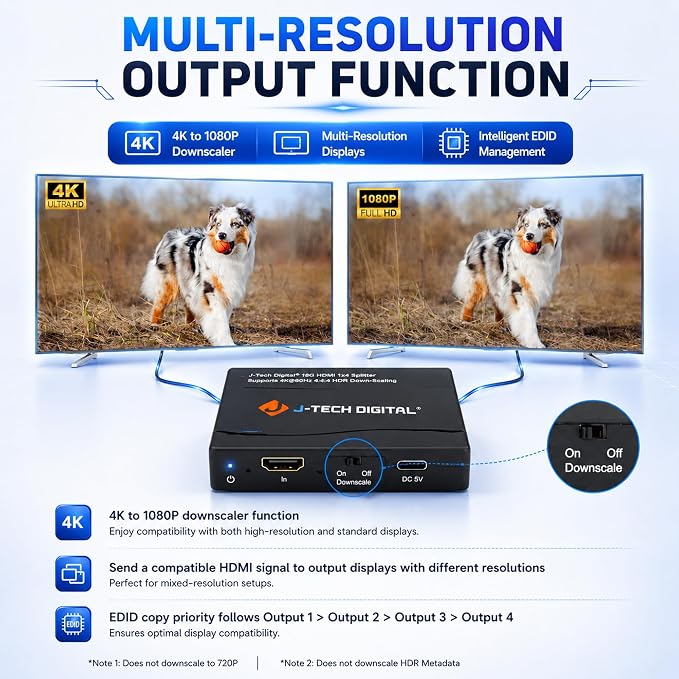 J-Tech Digital HDMI Splitter 4K 60Hz 1X4 Multi-Resolution Output (MRO) HDMI 2.0 Splitter Supports downscale HDR HDR10 / Dolby Vision 4K@60Hz 4:4:4 HDCP2.3 2.2 (JTECH-4KSP4)