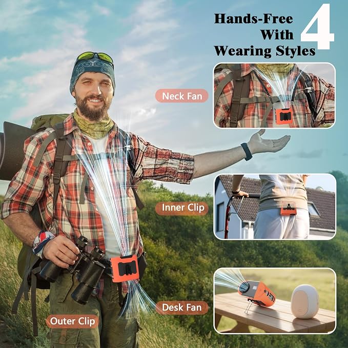 10000mAh Portable Waist Fan, Rechargeable Battery, 40H Max Runtime, 5 Speeds 16000RPM Strong Airflow, Hands-Free Neck Fan, Personal Wearable Shirt Belt Clip Fan for Outdoor, Jobsite, Camping (Orange)