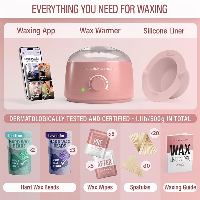 Tress Wellness Waxing Kit for Sensitive Skin – Safe for Face & Skin, Easy to Use – At-Home Kit for Face, Bikini, Brazilian & Full Body - Pink, No Display