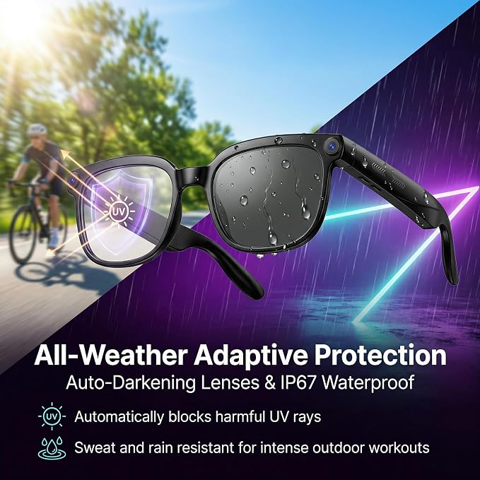 AI Smart Glasses with Camer, Bluetooth Glasses with 4K HD Video & 164+ Language Real-Time Translation Built-in ChatGPT, 8-Hour Battery IP67 Waterproof for Men and Women Outdoor Activities