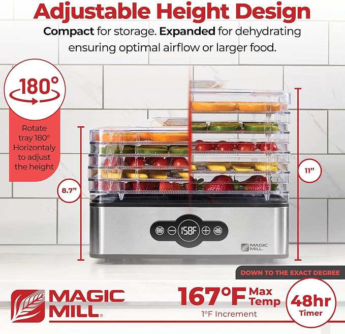 Magic Mill Food Dehydrator Machine | 5 Stackable Stainless Steel Trays, 48H Digital Adjustable Timer & Temperature Control Upto 167° Electric Dryer & Preserver for Jerky, Fruit, Dog Treats & Much More