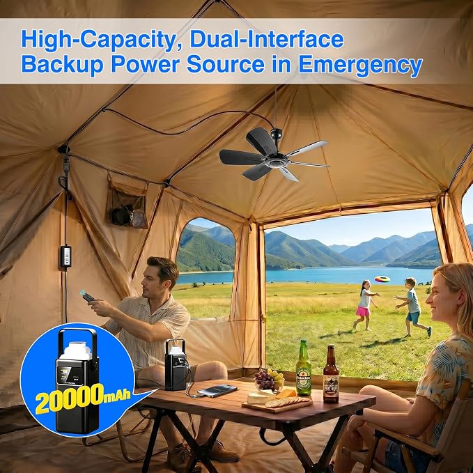 Portable Ceiling Fan, USB Plug-In, 5V DC Powered, 6 Blades, Indoor/Outdoor RV Camping Tent Canopy, Hanging, Quiet Operation (with power bank)