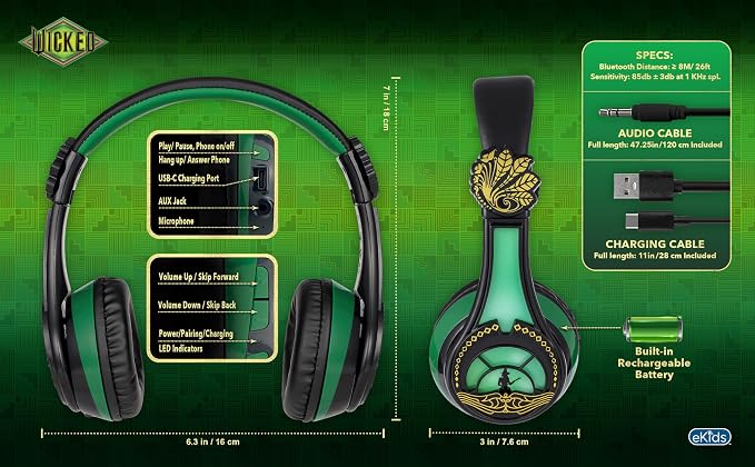 Wicked Elphaba Bluetooth Headphones for Kids, Wireless Headphones for School, Home, or Travel (Wicked Elphaba)