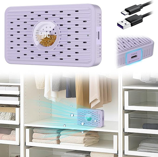 Auto Power-off Cordless Rechargeable Mini Dehumidifier Desiccant,Electric Moisture Absorption Silica Gel Packet for Storage Totes Jewelry Display Cabinet Guitar Case Drawer Photo Album Document-Purple