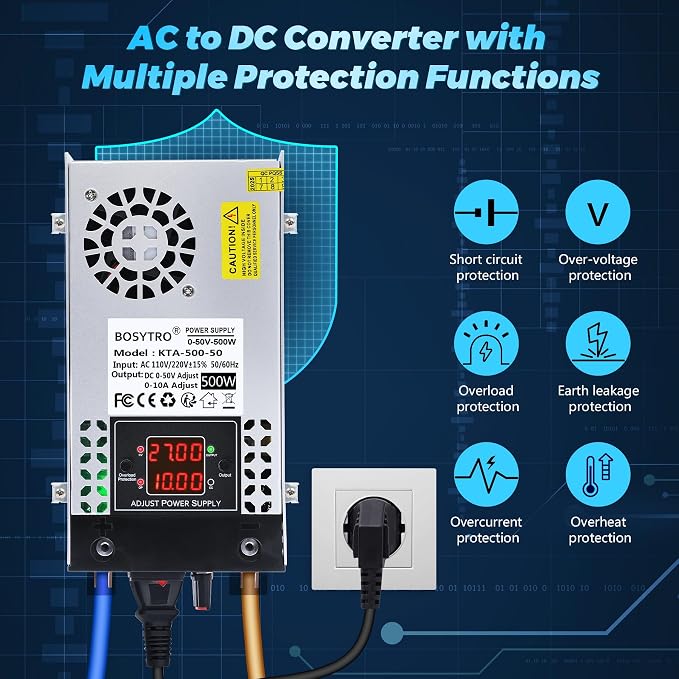 Upgraded Adjustable 0-50V 0-10A 500W Switching Power Supply, AC to DC Converter 5V 12V 24V 30V 48 50v DC Power Supply for Led Strip, Motor Pump, CCTV, 3D Printer, Lab Computer