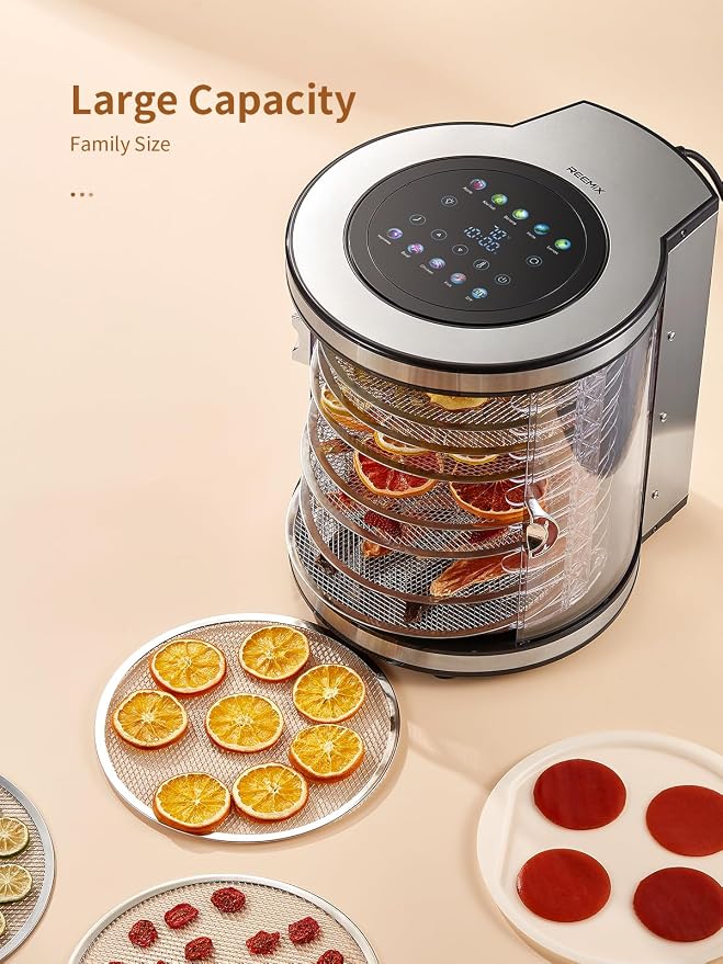 Reemix10-Tray Stainless Steel Food Dehydrator, 360° Rotating Cylinder Design for Even Drying, Large Capacity Transparent Food Dryer for Fruit, Meat, Vegetables, Pet Treats, Home Use