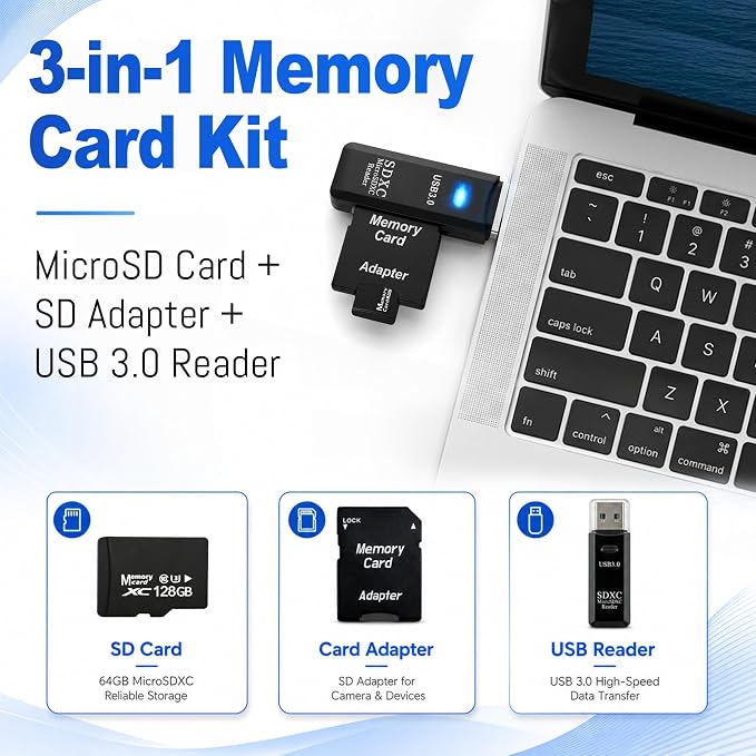 128GB Micro SD Card for Dash Cam, Security Camera, Retro Gaming, with USB-A 3.0 Reader & SD Adapter, U3 V30 A1 Class 10