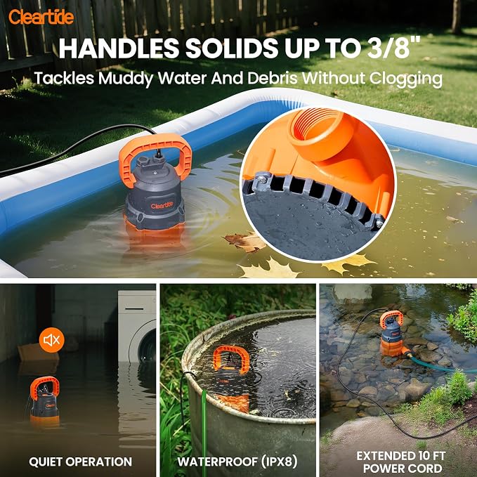 Cleartide Submersible Utility Water Pump, 1/3 HP 2790 GPH Portable Sump Pump with Copper Motor, Plug and Work for Pond, Garden Watering, Pool or Hot Tub Water Transfer
