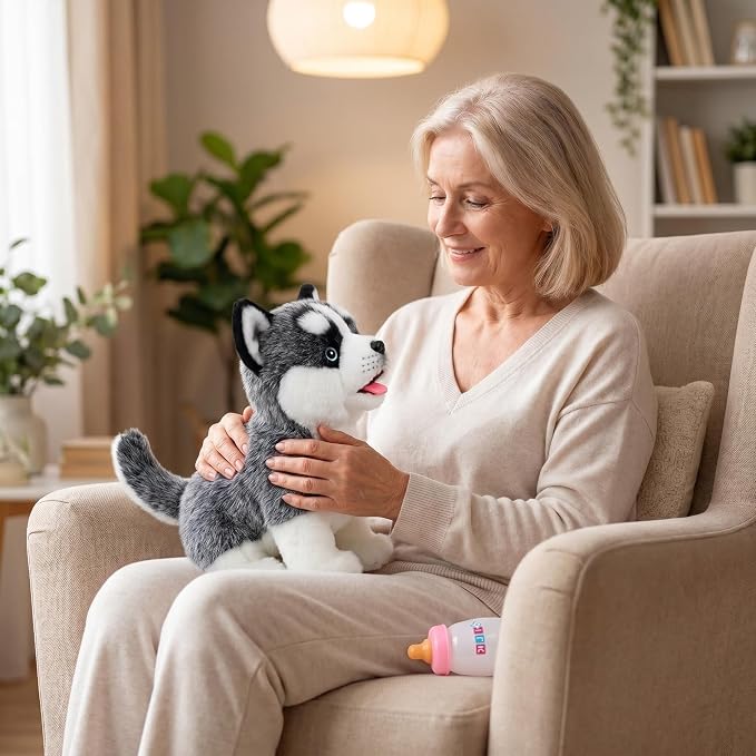 CU-MATE Electronic Walking Dog Toy, Interactive Plush Siberian Husky Puppy, Realistic Interactive Pet Toy Dog, Walking, Barking, Wagging Tail & Talking, Present Gifts for 3+ Year