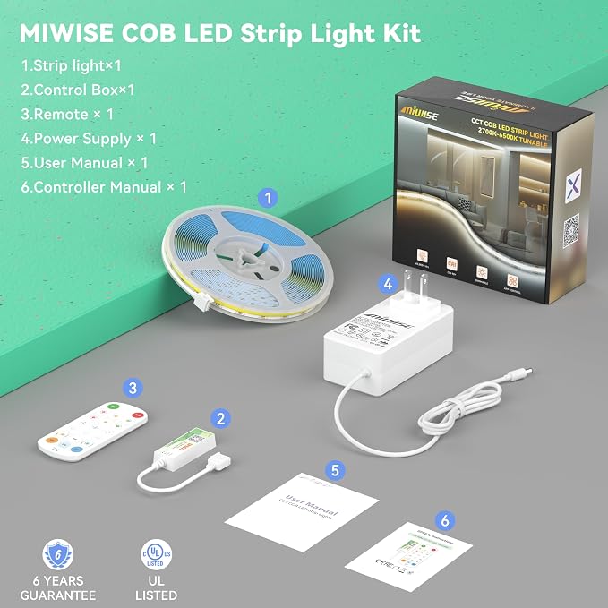 MIWISE COB LED Strip Light, 2700K-6500K All Color in One Tunable White LED Tape Lights Dimmable UL-Listed, APP Control Music Mode, for Under Cabinet, Bedroom, Kitchen, Shelves, Ceiling DIY, 16.4ft