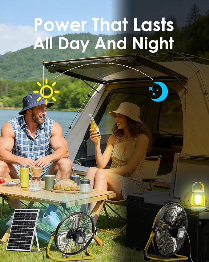 18'' Portable Solar Powered Floor Fan, Cordless Camping Fan Outdoor, Long Lasting Rechargeable Battery Operated Fan, 360° Tilt, USB Output, Wireless, for Home Gazebo Greenhouse Outside Gym