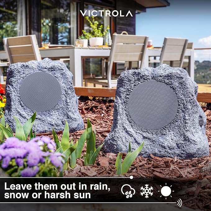 Victrola The Solar Rock Speakers Pair, 14 Hours PlayTime, IPX4 Rechargeable Solar Outdoor Bluetooth Speakers for Garden, Patio, Built for All Seasons, Wireless Music Streaming, Charcoal