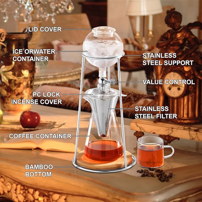 PARACITY Cold Brew Coffee Maker, Iced Coffee Maker in Stainless Steel and Borosilicate Glass, Cold Brew Drip Coffee Maker with Slow Drip Technology, Iced Tea Maker 2-4 Cup