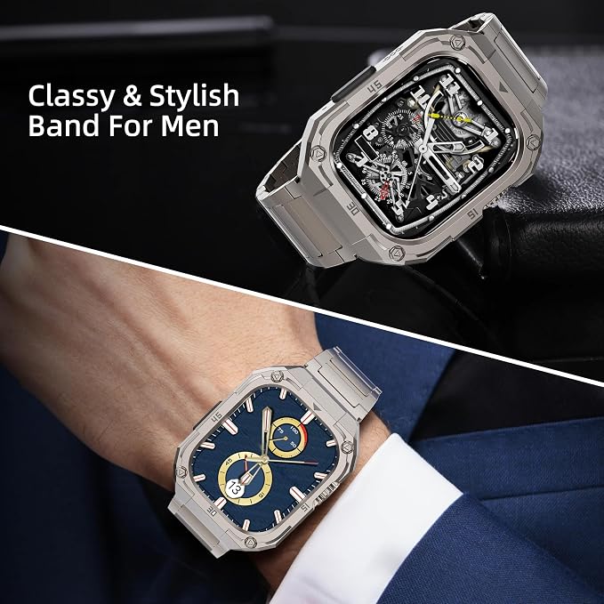 Mechanical Metal Watch Case with Band Compatible with Apple Watch Series 11/10 46mm Band,Rugged Military Stainless Steel Protective Bumper Cover,Tough Business iwatch Band Strap for Men,Titanium