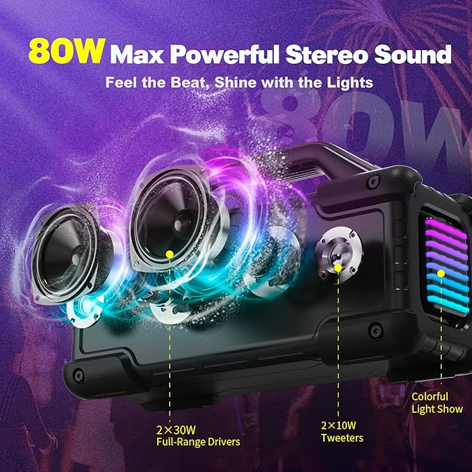 Portable Bluetooth Speaker Wireless Lights, Bluetooth Speaker Loud Stereo Sound, Outdoor Water Resistant Bluetooth Speaker 300W(Peak) Party Lights EQ TWS USB AUX TF IPX6 Party/Beach/Garage, Black