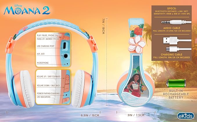 Disney Moana 2 Bluetooth Headphones for Kids Wireless Headphones for School | Volume Reduced and Built-in Microphone