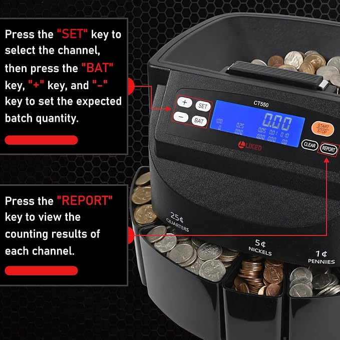 L LIKED Coin Counter and Sorter Machine Accurate sort for Nickels, Dimes, Quarters, Pennies, Dollars, Comes with 50 Performed Wrappers, 270 Coins/min, LCD Display