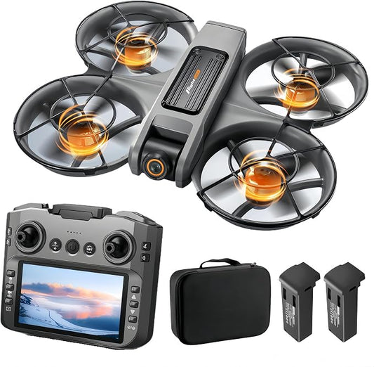 Drone With Large Screen Remote Control (4.92in) , Mini Airplane with Dual Cameras, 2 Batteries, 360° Flips, Full Propeller Guard Protection for Anti-Collision, Brushless Motor, Hovering, Quadcopter with Optical Flow Positioning, RC Helicopter for Adult...