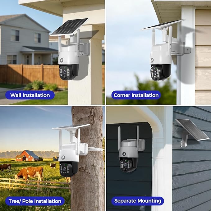 xmartO 2-Pack 4MP QHD Wireless PTZ Solar Security Camera, WiFi 6 5G Dual Band, Wire-Free Easy Installation, No Monthly Fee, Outdoor/Indoor Home Use, Wall/Ceiling/Tree/Pole/Corner Mount