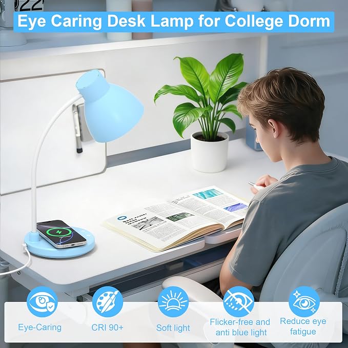 Desk Lamps for Home Office - LED Desk Lamp with Wireless Charger, 3 Color Modes Dimmable Eye-Caring Study Reading Desk Light, Small Flexible Arm Table Lamp for College Dorm Room Bedside, Blue