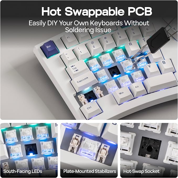 MechLands Feker Alice98 Ergonomic 98 Keys Custom Mechanical Keyboard, VIA Programmable, USB-C Wired Gaming Keyboard, Hot Swappable, 5 Layer Paddings, Control Knob, NKRO, RGB for Win/Mac (White)