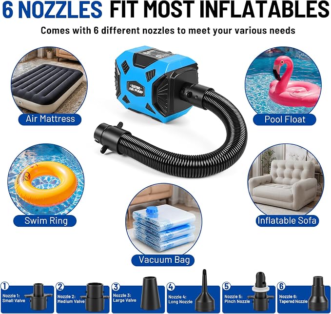 600W Electric Air Pump for Inflatables, High Power Air Mattress Pump with 6 Nozzles, Quick Inflate & Deflate Air Pump for Pool Floats, Vacuum Storage Bags, Swim Rings, Inflatable Toys
