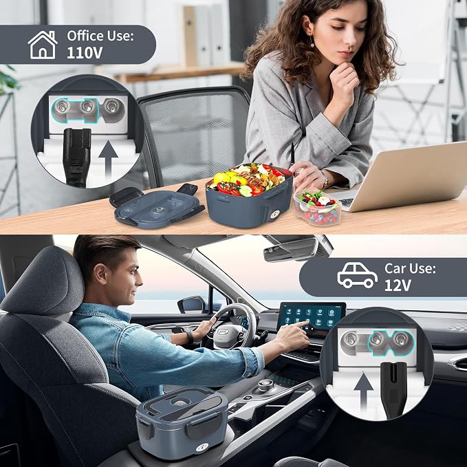 Vingud Electric Lunch Box for Adults, Heated Lunch Box for Men w/Dual 1.5L SS Containers, Portable 80W Food Warmer for Car/Truck, Lonchera Eléctrica Portátil Christmas White Elephant Gifts, Dark Grey