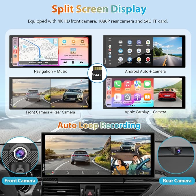 CARPURIDE 11.26 Inch HD Wireless Carplay & Android Auto Screen, 4K +1080P+1080P Dash Camera for Cars with 64GB Card, with Loop Recording, Bluetooth, GPS, FM, Super Link