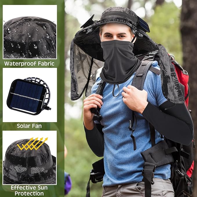 3 Pcs Solar Fan Hat with Arm Sleeves Neck Gaiter Wide Brim Sun Hat Solar Powered USB Charging for Men Women