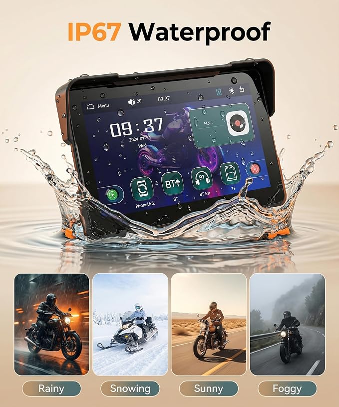 7" Motorcycle Wireless CarPlay GPS Navigation System, Android Auto Portable CarPlay Screen for Motorcycle, Dual Bluetooth Car Play Moto, Si-ri, Goo-gle Assistant, EQ, IP67 Waterproof Moto Screen