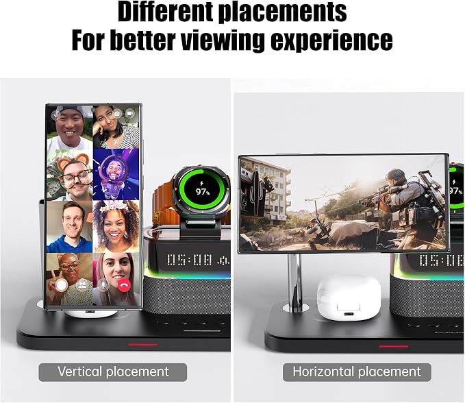 Magnetic Charger for Samsung, 5 in 1 Wireless Charging Station with Alarm Clock for Samsung Galaxy S25 Ultra/S24/S23/S22, Galaxy Watch 8/7/6/4/5, Galaxy Buds/Pro, Black