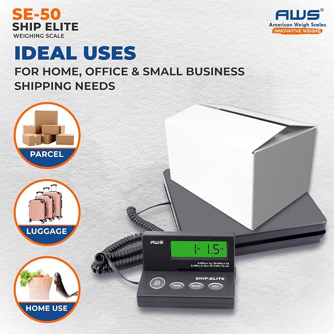 American Weigh Scales Digital Shipping Scale | Highly Accurate Multifunctional Postal Package & Luggage Weighing Scale | 110 lbs x 0.1 oz | Backlit LCD | Battery & AC Adapter | Compact Platform