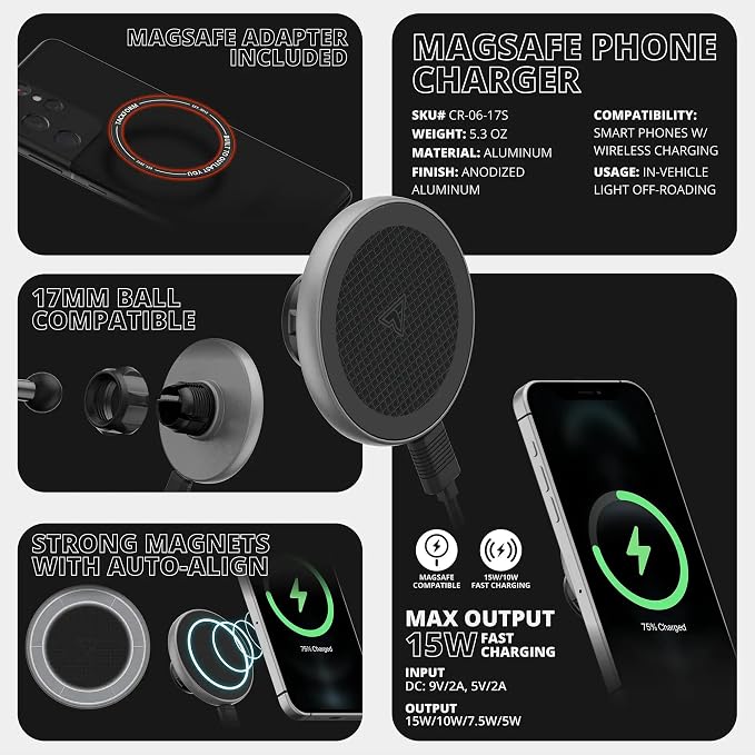 Tackform Link Vent Mount Magnetic Wireless Charging Phone Holder - Compatible with MagSafe, '21-'25 Ford F150 & Raptor, '23-'25 Ford Super Duty | Aluminum Bracket | Short Reach