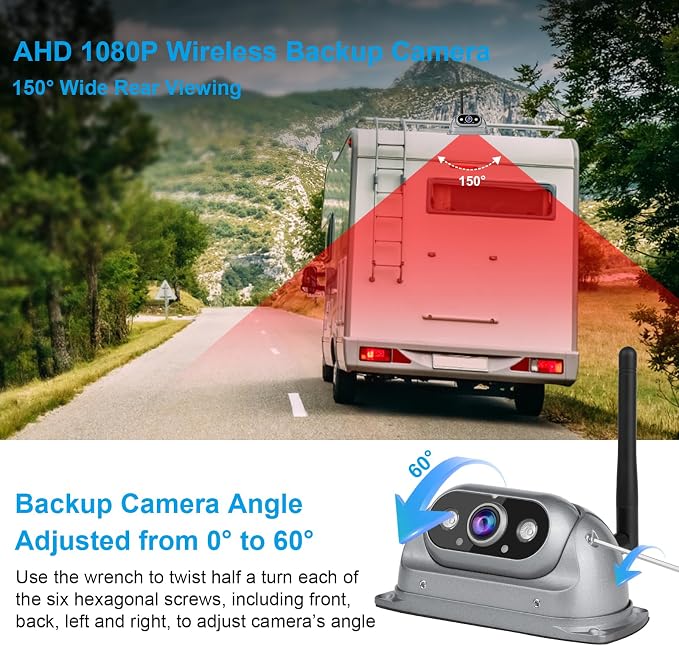 Wireless Backup Cameras System for RV Truck Trailer Camper Pickup Motorhome 5th Wheels with High Brightness HD 1080P 10.26" Touch Screen 150° Wide View Image Video Recording Reverse Camera