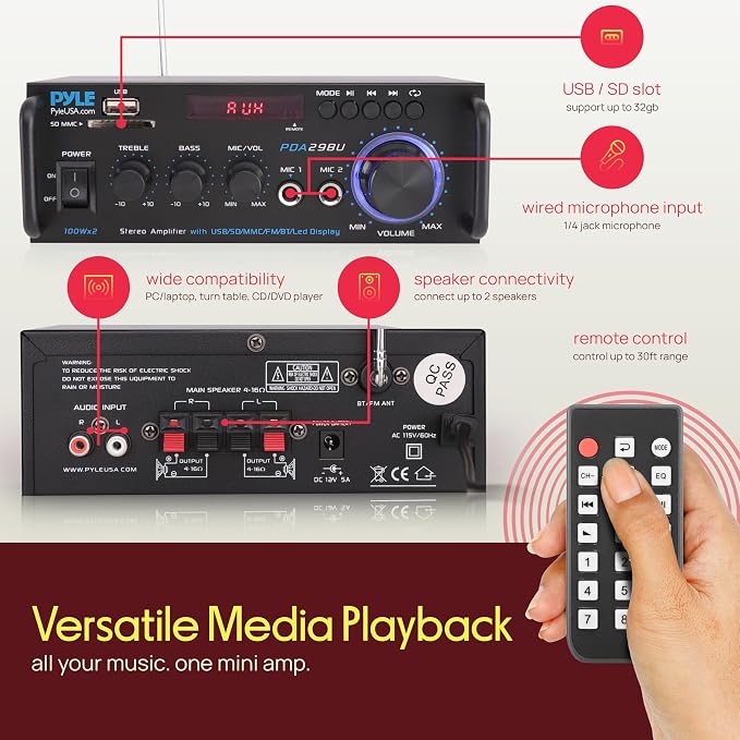 Pyle 200W Bluetooth Compact Power Amplifier - Wireless 2 Channel Audio Receiver with Dual Karaoke Mic Input - RCA - USB-A + SD Card MP3 Player - FM Radio - AUX In - Remote Control - PDA29BU