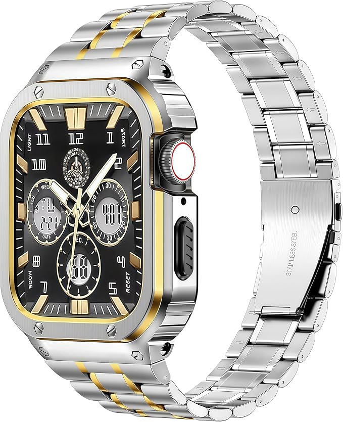 MioHHR Stainless Steel Watch Band with Case Compatible with Apple Watch Series 9/8/7(45mm),Rugged Strap with Metal Protective Bumper Cover for iWatch Band Men(Silver/Gold)