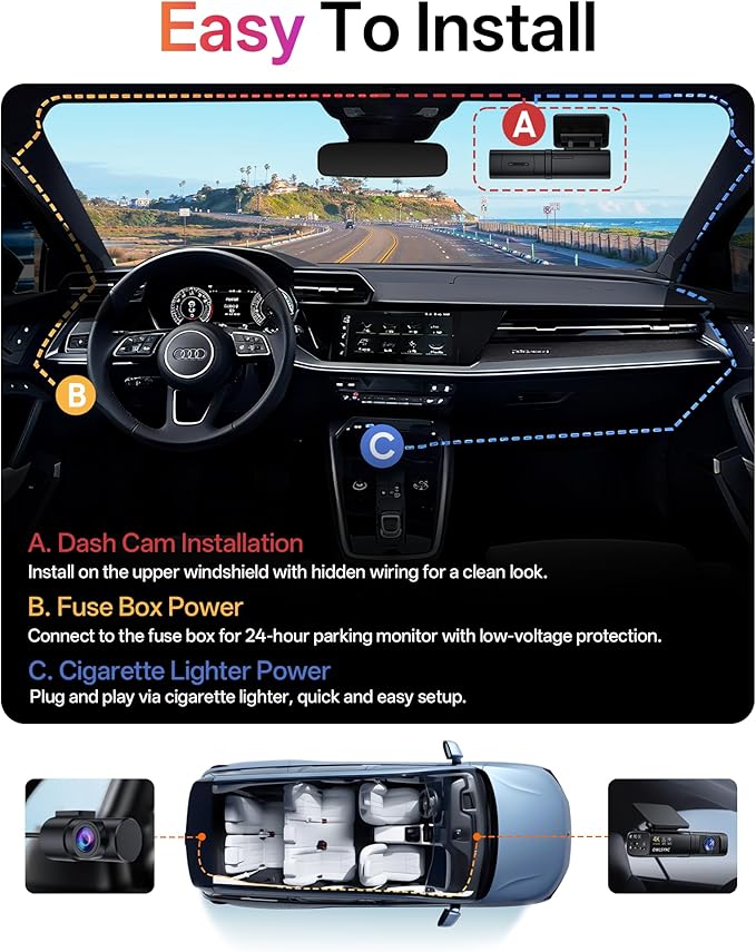 M700 4K Dual Dash Camera with WiFi and GPS, Front and Rear Car DVR, Night Vision, Parking Mode, Loop Recording, 64GB Card Included