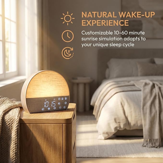 Sunrise Alarm Clock, 30 Soothing Sounds, FM Radio & Bluetooth | Zero Blue-Light Display, Flame-Retardant Build, No App Needed, Gift-Ready Box, Dual Alarms, Touch Panel